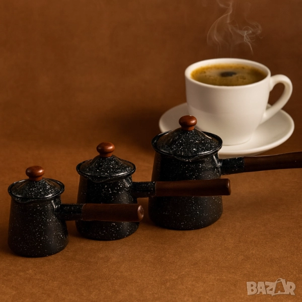 Комплект 3 джезвета с капачета Rosberg – емайлирани, черен меланж, размери 9x8.5, 10x10 и 12x12 см, снимка 1