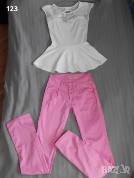 Спортно-елегантен комплект от дантелена блузка  и панталон в цвят „Пинко-розовата пантера“, снимка 1