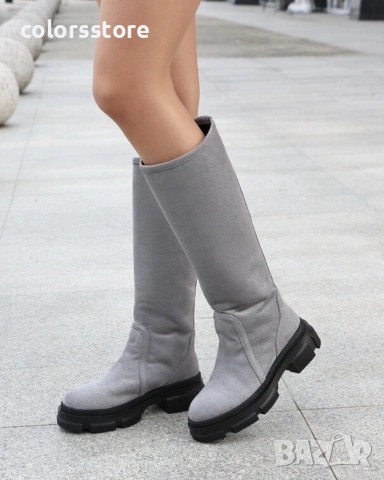 Равни ботуши - сив велур - BMK10

, снимка 2 - Дамски ботуши - 35712050