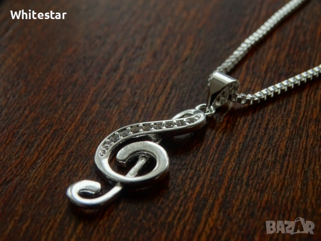 Посребрен дамски ланец с художествен мотив "Ключ сол", снимка 3 - Колиета, медальони, синджири - 53642304