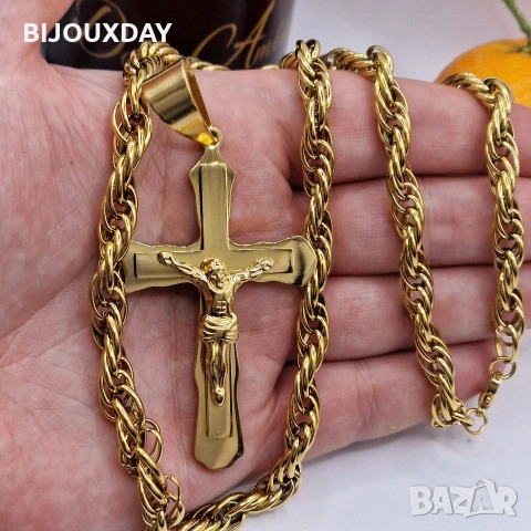 ланец и кръст от медицинска стомана 18 карата златно покритие