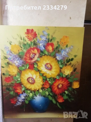 Стара картина,, ВАЗА С ЦВЕТЯ" рисувана на платно, маслени бои, снимка 8 - Картини - 47086100