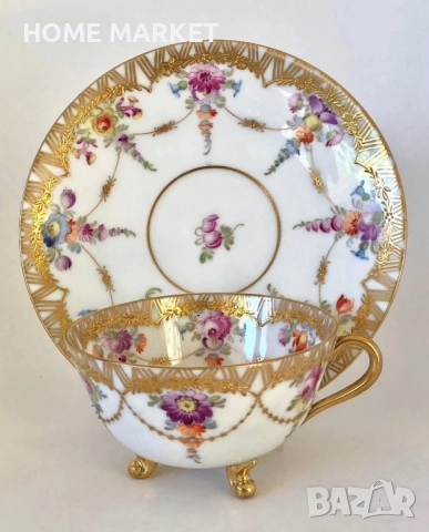 Dresden Germany  Circa 1884  Wolfsohn  Tea Cup & Saucer, Footed, Richly Gilded , снимка 9 - Антикварни и старинни предмети - 52692353