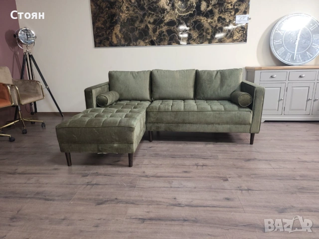 Зелен ъглов диван от плат с лежанка, снимка 3 - Дивани и мека мебел - 53730855