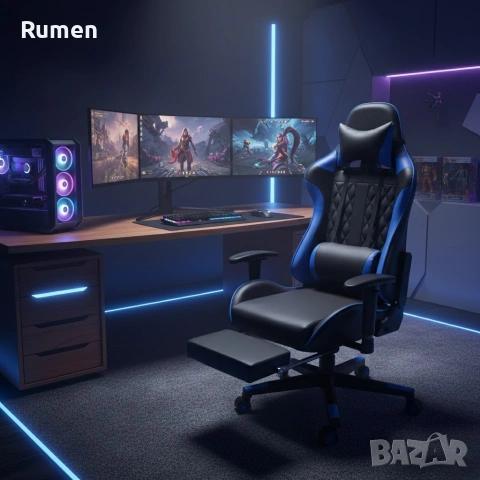 Геймърски стол за релакс с масаж и подложка за крака – син, снимка 9 - Столове - 53238091