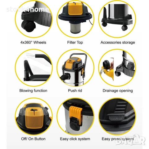 Прахосмукачка за сухо и мокро почистване Stark’s IVC30, 3 в 1, 1500W, 30 L, Колела въртящи се на 360, снимка 2 - Прахосмукачки - 54012161