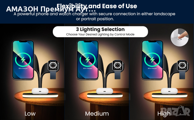 5в1 Магнитна безжична зарядна станция с LED лампа,15W бързо зареждане iPhone/Apple Watch/AirPods , снимка 6 - Аксесоари за Apple - 45012057