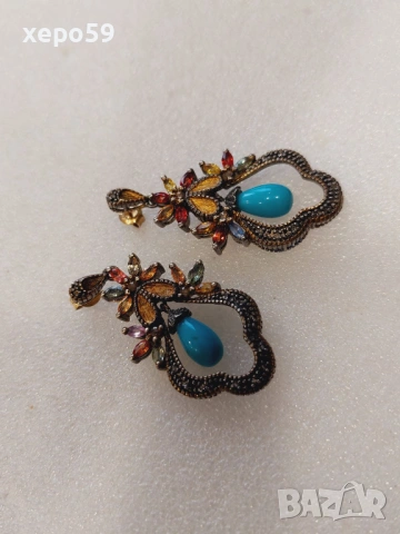 Дамски обеци с диаманти, рубини, сапфири, цитрини,тюркуази-сребро и злато, снимка 5 - Обеци - 53357467