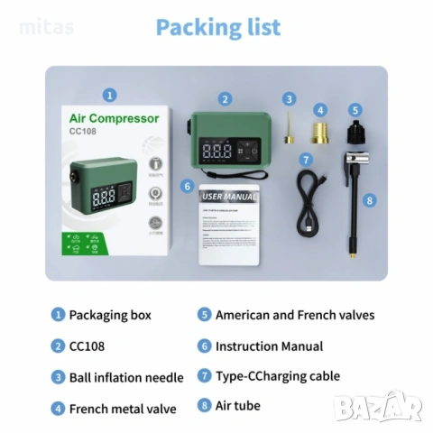 Компактен преносим акумулаторен компресор 150PSI, 580mAh, 150g, TAPE-C, снимка 10 - Аксесоари за велосипеди - 53765014