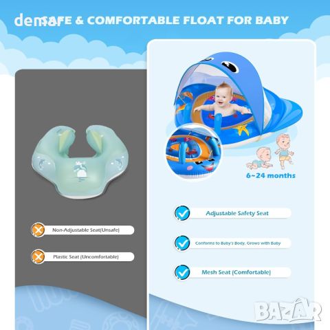 Надуваема бебешка плувка за басейн със сенник UPF50+, с регулируема седалка, 6-24 месеца, синя, снимка 4 - Други - 46447851