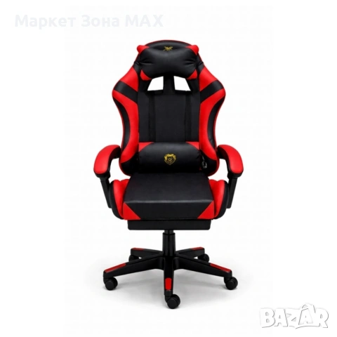 Удобен геймърски стол с поставка за крака и масажна лумбална възглавница, Черно-червен, снимка 4 - Геймърски - 53449173