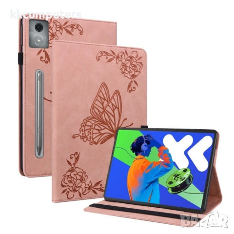 Кожен калъф за Lenovo Tab P12 Pro 12.7 2025- "Щампа пеперуда и цветя", Стойка, Слот за карти, Вкл. П, снимка 5 - Калъфи, кейсове - 53030547