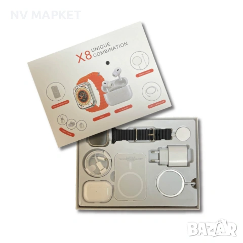 Часовник,Комплект 8 в 1 с X8 Smartwatch,безжични слушалки,зарядно,кабели,външна батерия