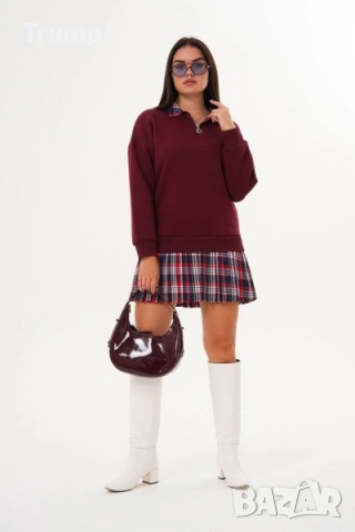 -50% Рокля - туника , мека и топла памучна полар материя,каре, цвят бордо, снимка 3 - Рокли - 53137466