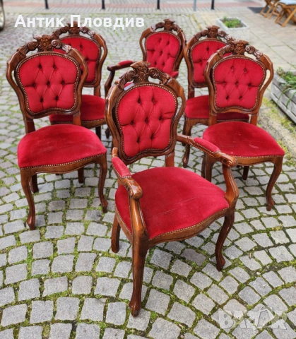 Комплект от 6 трапезни стола с червена плюшена дамаска, снимка 11 - Столове - 53983502