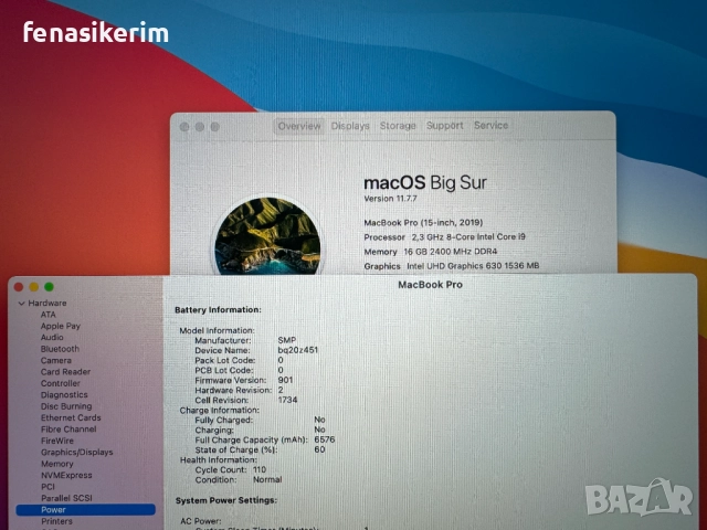15' Core i9 Apple MacBook Pro 2019 @ 16GB RAM/512GB SSD/Radeon Pro 560X 4GB/Бат 110 цик, снимка 6 - Лаптопи за работа - 51429213