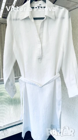 Бяла рокля/туника  H&M 100% лен, снимка 7 - Рокли - 50505257