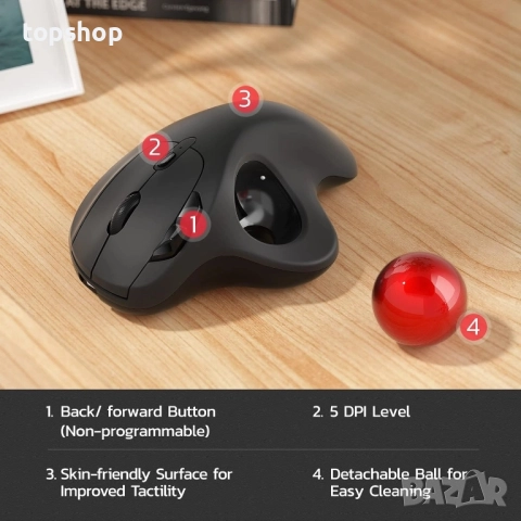 Нова Безжична мишка с тракбол Nulea M501, ергономична, с презареждаща се батерия, лесно управление.., снимка 2 - Клавиатури и мишки - 51636358