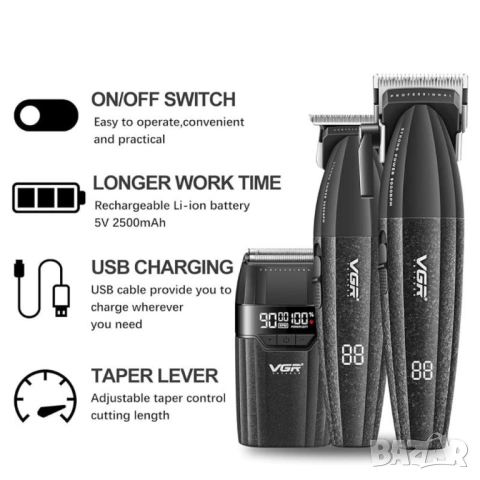 Професионален комплект VGR 640S3 – 3 в 1 (Черен) машинка за подстригване, тример и фолио самобръснач, снимка 2 - Машинки за подстригване - 54079438