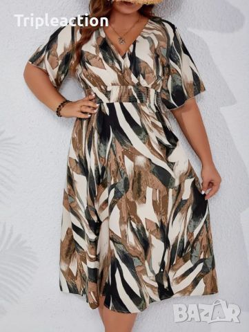 Елегантна лятна рокля, Plus Size 3XL, Tropical Print, Cinched Waist , снимка 4 - Рокли - 46519130