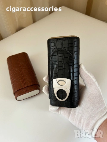 Кожен калъф за 3 пури с кедрово дърво + резачка (крокодилски ефект), снимка 7 - Табакери - 54098044