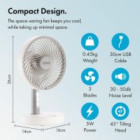 VonHaus Настолен вентилатор 6" – преносим, лек, безжичен, USB акумулаторен, 3 скорости, 45° наклон, снимка 4 - Вентилатори - 45717236