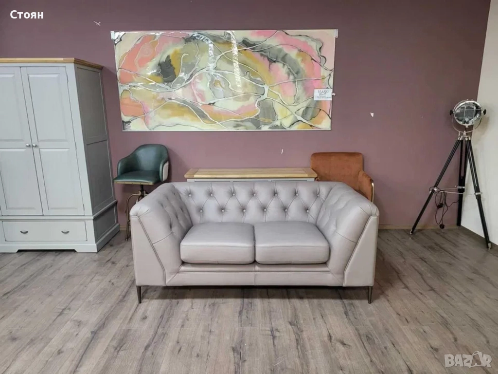 Сив кожен диван двойка тип Честърфийлд, снимка 1