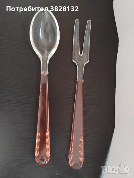 Винтидж кристални розови стъклени прибори за сервиране на салата (лъжица и вилица). , снимка 1