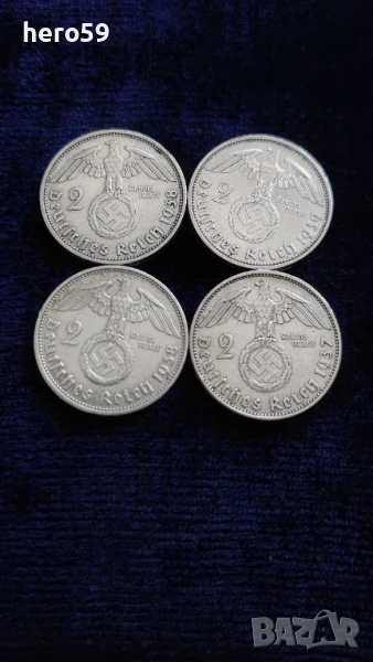Монета-сребърни 2 марки 1937-39 г.със свастика , снимка 1