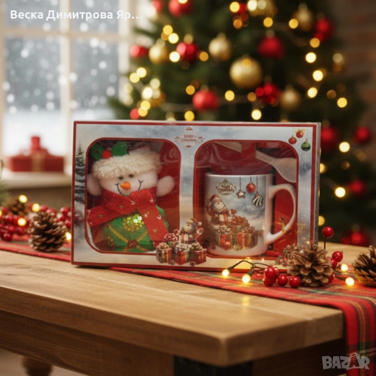 Празничен подаръчен комплект с чаша, лъжичка и снежен човек – готов за подаряване, снимка 1