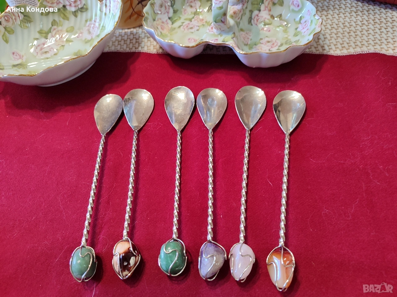 посребрени лъжички с полускъпоценни камъни , снимка 1