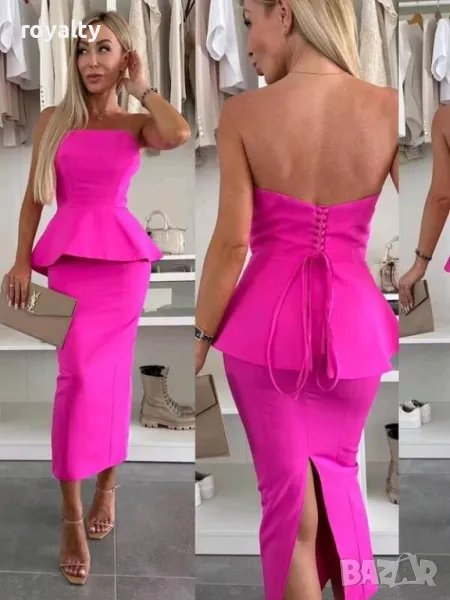 Елегантен дамски костюм пола с бюстие в циклама, снимка 1