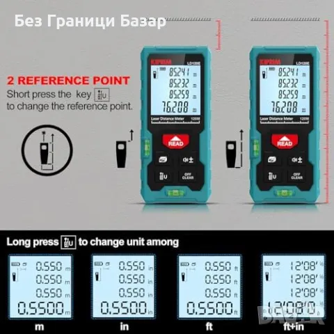 Нов Професионален Лазерен Мерител Kiprim 120 м, LCD, Нивелир Мултифункции, снимка 7 - Други инструменти - 47581085