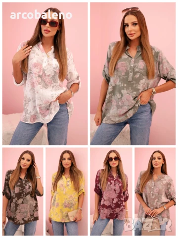 Дамска памучна риза с флорален мотив и навити ръкави, 8цвята 