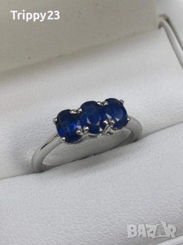 💎 Елегантен Premium пръстен с три камъка — Виетнамски Cobalt Blue Spinel, снимка 2 - Пръстени - 53083779