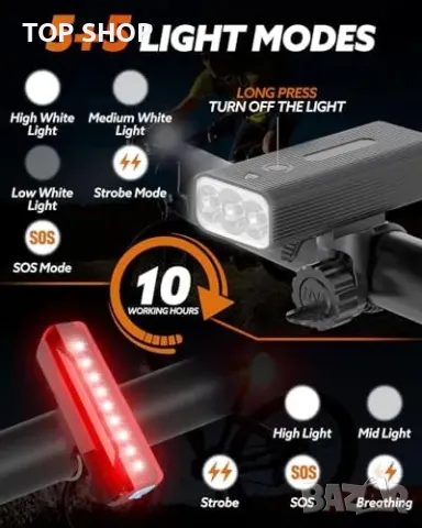 Нови Фар и задна светлина за велосипед, 3000 лумена, 5 режима, IPX5, акумулаторни, снимка 4 - Аксесоари за велосипеди - 49335263