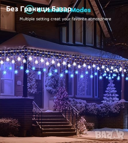 Нови Коледни LED ледени висулки със снежинки 10.7м 240 светлини за двор тераса, снимка 4 - Декорация за дома - 52165214