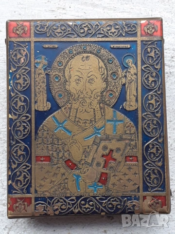 Стара малка бронзова икона с емайл - Свети Никола, снимка 6 - Антикварни и старинни предмети - 53333688