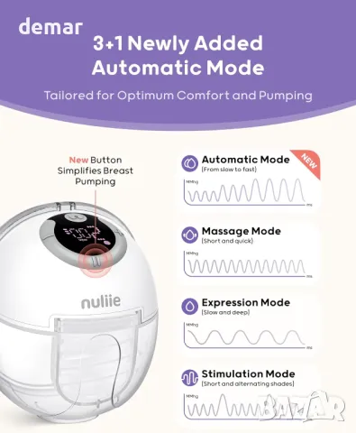 Електрическа помпа за кърма Nuliie Hands-Free S32, 4 режима, 9 нива, 24 мм, 1 брой - лилава, снимка 4 - Помпи за кърма - 47072752