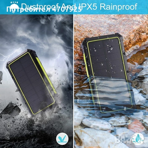 Външна батерия 36000 mAh, Solar Powerbank с Qi безжично зареждане, USB и USB C изход, със соларен па