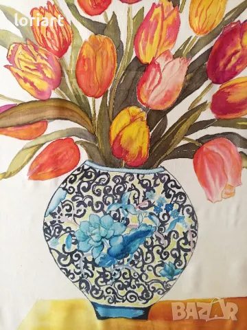 "Букет лалета" - рисувана коприна/винтидж, снимка 2 - Картини - 50253533