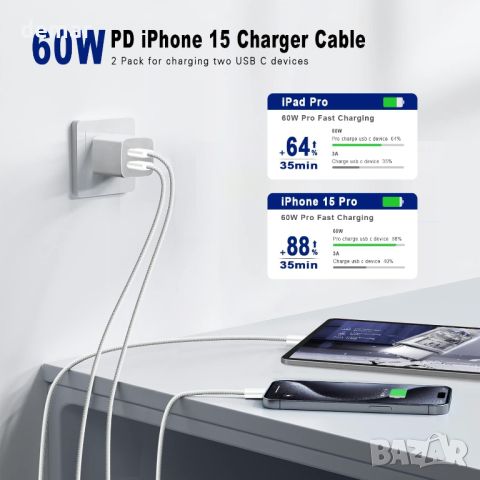 2 броя по 2 метра iPhone 15 USB C към USB C кабел за зарядно устройство, 60 W, снимка 2 - USB кабели - 45716814