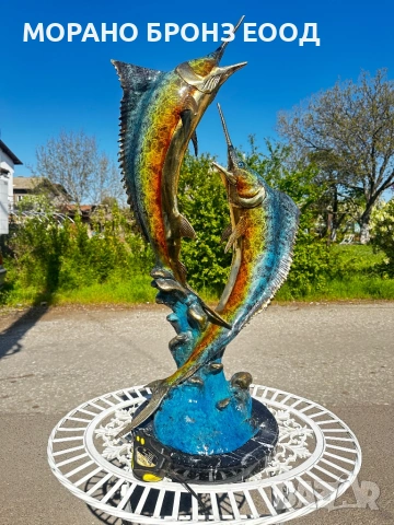 Масивна Бронзова Скулптура "Два Марлина" – Автор Moore (Височина 103 см, 23 кг)