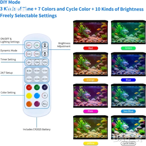 Подводна аквариумна лампа Podazz, 3 реда мъниста, 6W с таймер, пълен спектър +7 цвята, снимка 6 - Оборудване за аквариуми - 53719739