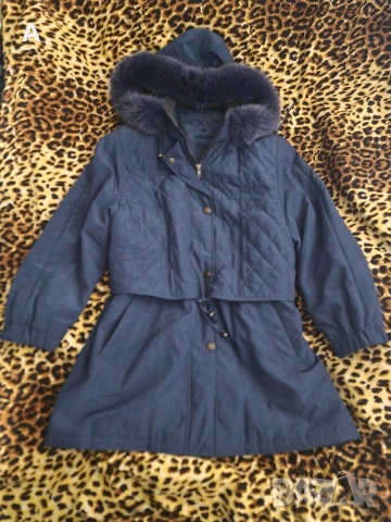 Дамска синя парка с естествен косъм  120см.гр.об
