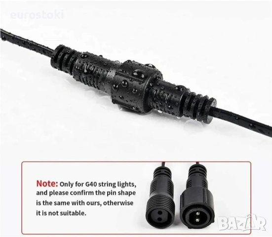 Удължителен водоустойчив кабел за LED гирлянди G40, IP65, 3 метра. 2 пин, снимка 5 - Други - 53966950
