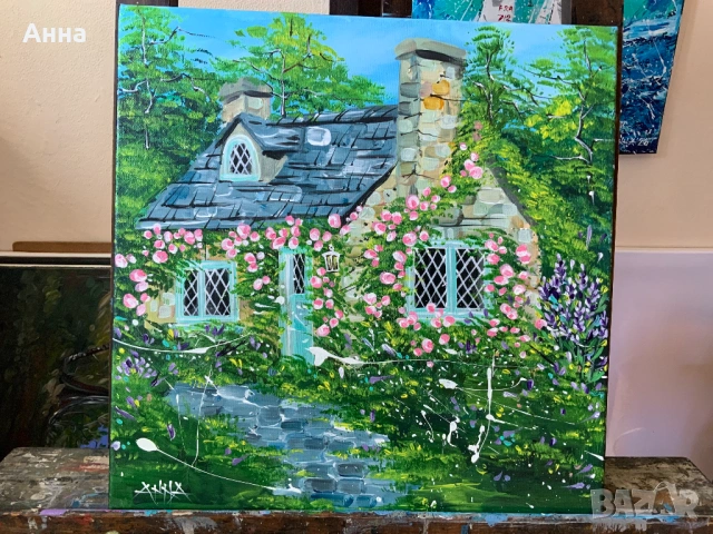Авторска картина къща с рози, снимка 2 - Картини - 53745747