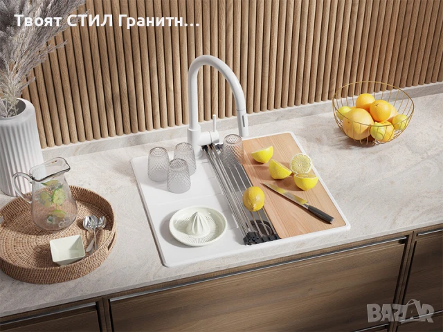 Бяла кухненска гранитна мивка Копенхаген 40 Top 550 x 500 мм, снимка 3 - Мивки - 51015721