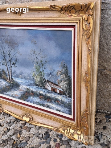 авторска картина зимен пейзаж маслени бои върху платно с красива дървена рамка , снимка 2 - Картини - 54087882