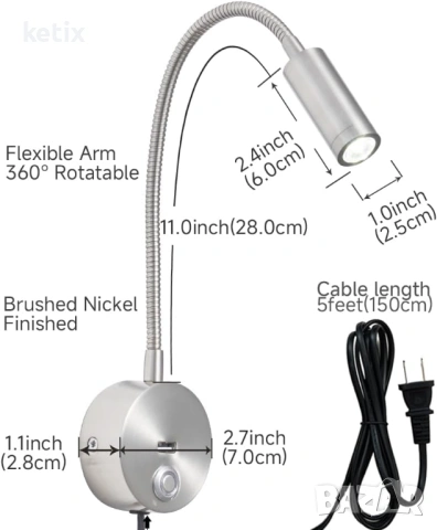 Димируема LED стенна лампа за четене, снимка 2 - Лампи за стена - 53570538
